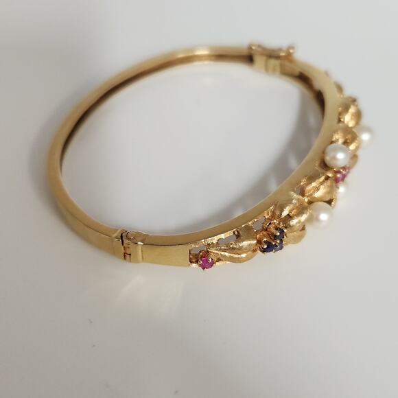 Antique 14k Yellow Gold Diamond,Pearls,Ruby &Sapphire Bangle Bracelets - Picture 6 of 16
